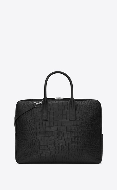 museum briefcase in black crocodile embossed leather